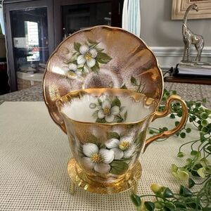 Adderley England Vintage Floral Teacup &Saucer Heavy Gold Gilding Fine BoneChina